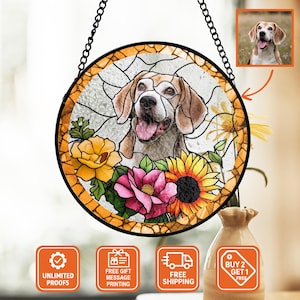 Custom Pet Portrait Stained Glass Suncatcher, Floral Border Dog Memorial, Pet Lovers Gift, Dog Lover Home Gift, Personalized Keepsake