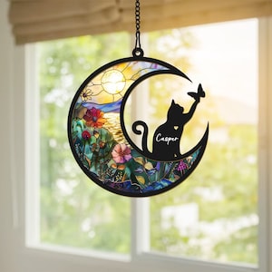 Personalized Cat with Name Suncatcher, Cat Loss Gift, Handcrafted Suncatchers, Custom Cat Memorial Suncatcher, Engraved Cat Lovers Gifts
