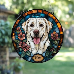 Custom Pet Portrait Suncatcher, Stained Glass Dog Memorial
