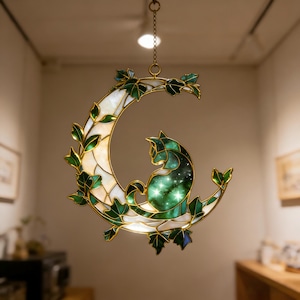 Birthday Gift, Moon Cat Stained Glass Suncatcher, Ivy Botanical Window Hanging, Celestial Prism Light Catcher, Cat Lover Wall Decor