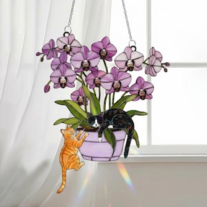 Custom Orchid Cat Suncatcher, Personalized Stained Acrylic Window Hanging, Cute Cats with Purple Flowers, Cat Lover Gift, Home Decor Art