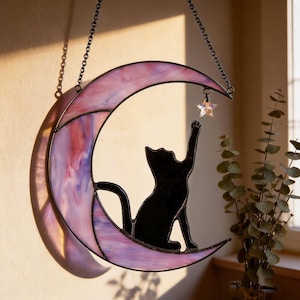 Stained Glass Moon Cat Suncatcher | Celestial Window Hanging | Gift For Mother's Day | Cat Memorial Gifts