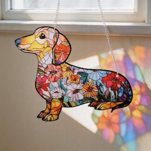 Stained Glass Dachshund Suncatcher, Floral Dog Window Hanging, Sausage Dog Decor, Dachshund Lover Gift, Colorful Glass Art, Pet Lover Gift